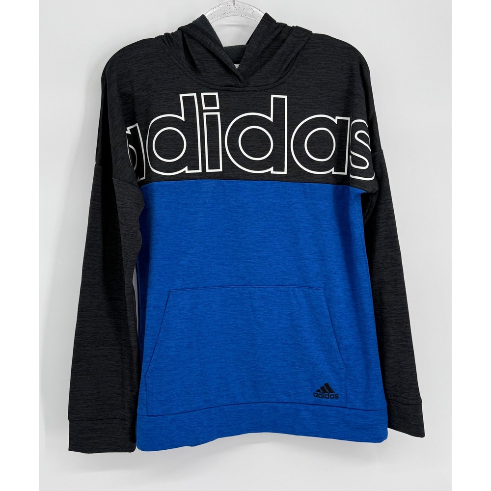 Adidas Boys Sz XL 18/20 Hoodie Blue Charcoal Grey Colorblock Pullover Sweatshirt